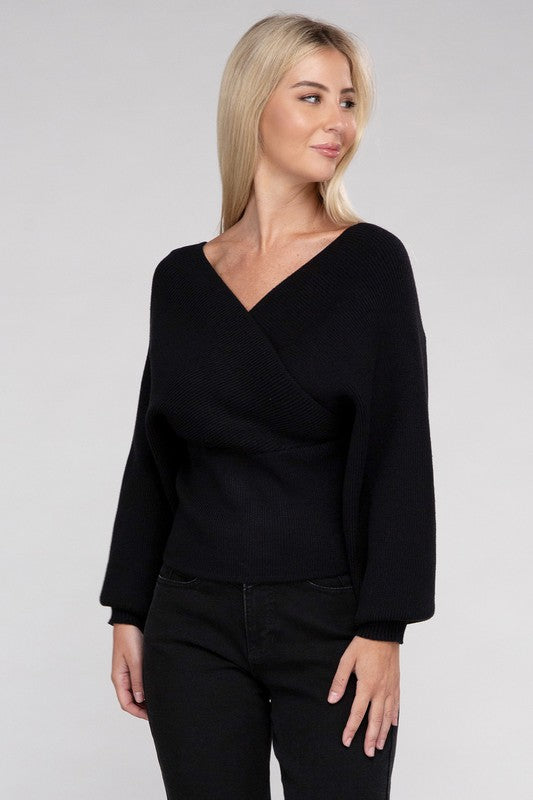 Zenana Viscose Cross Wrap Pullover Sweater