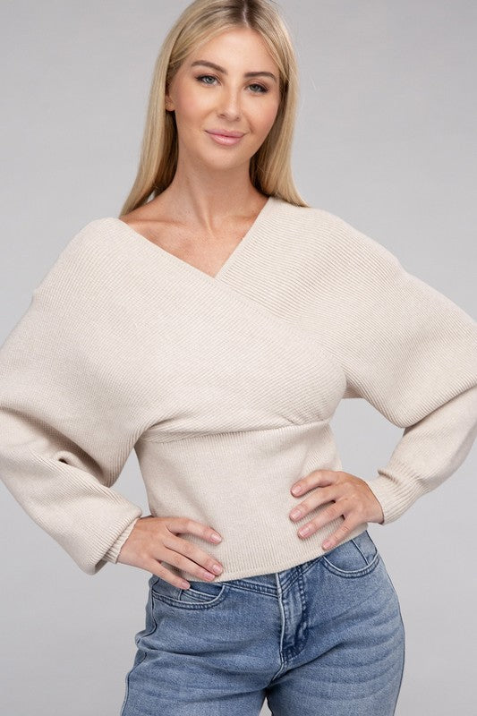 Zenana Viscose Cross Wrap Pullover Sweater