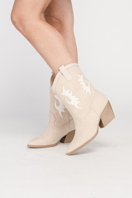 SODA GIGA Pointed Toe Cutout Design Pull-On Medium Heel Mid-Calf Western Boots