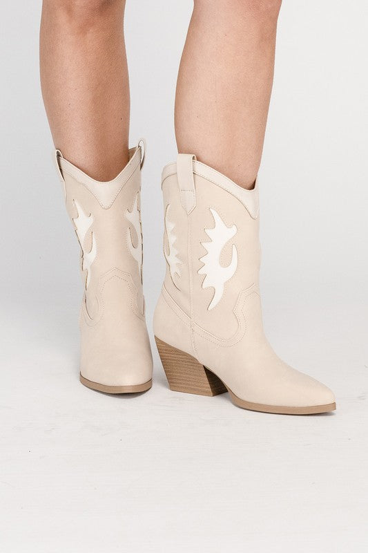 SODA GIGA Pointed Toe Cutout Design Pull-On Medium Heel Mid-Calf Western Boots