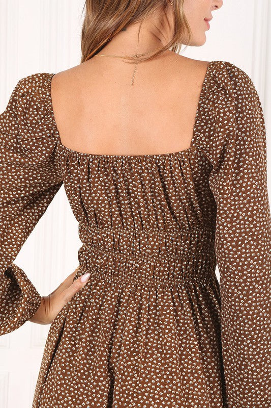 Square Neck Vintage Puff Floral Midi Dress, Brown