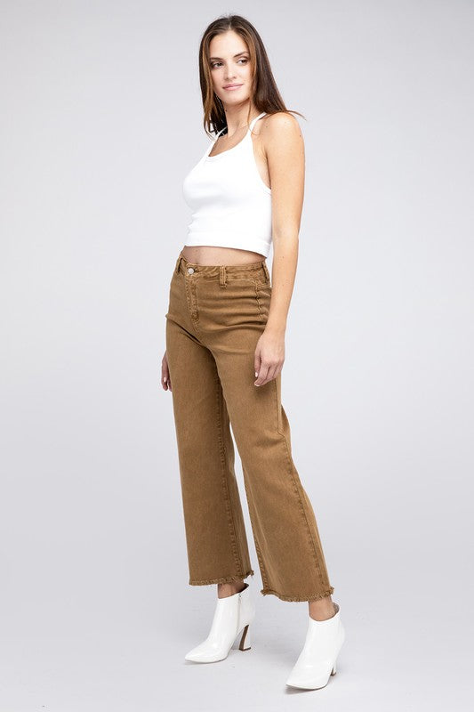 Zenana Acid Wash Colored Straight Wide Leg Jeans with Frayed Cutoff Hem