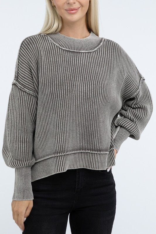 Zenana Washed Side Slit Oversized Cropped Sweater