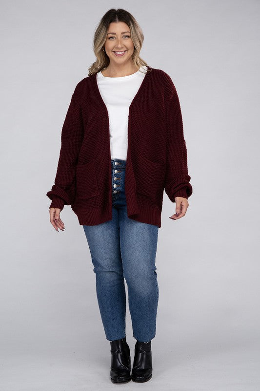 Plus Low Gauge Waffle Open Cardigan Sweater