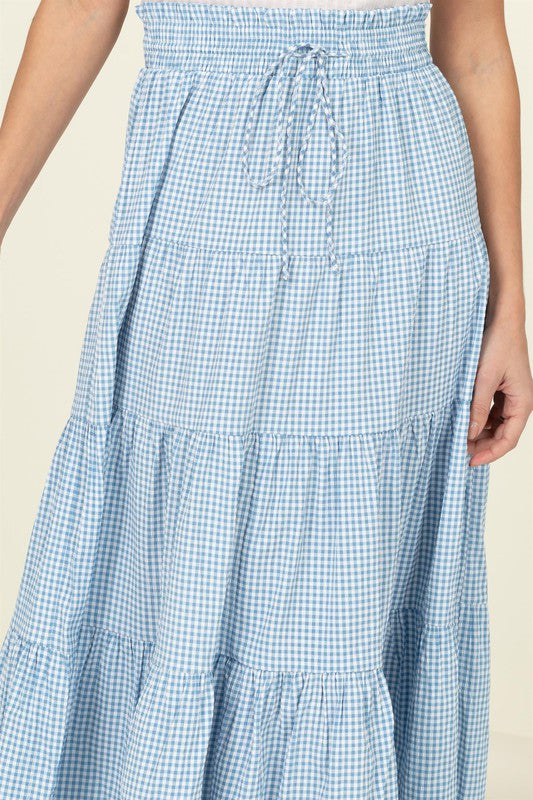 Hyfve Skirt Alert High-Waist Gingham Print Midi Skirt, Blue