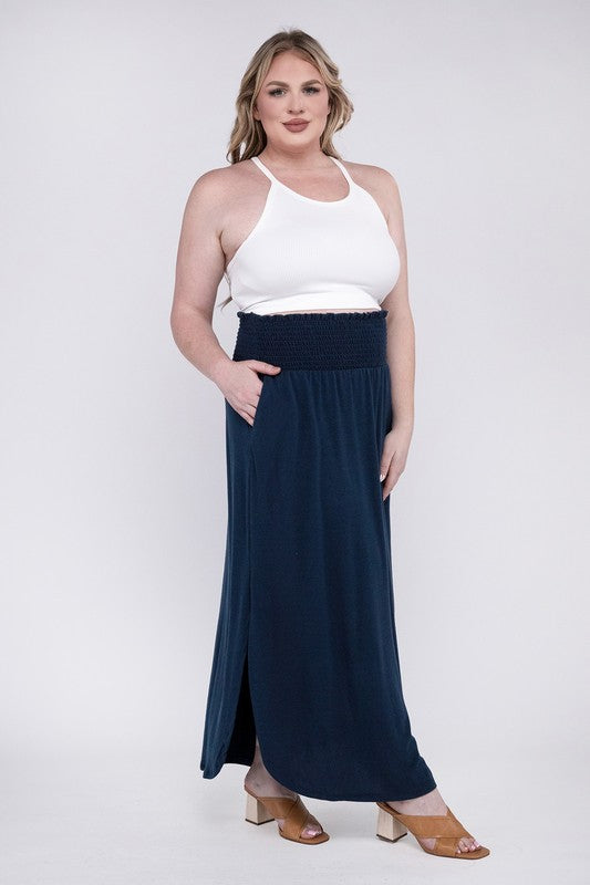 ZENANA Plus Smocked Waist Side Slit Maxi Skirt with Pockets