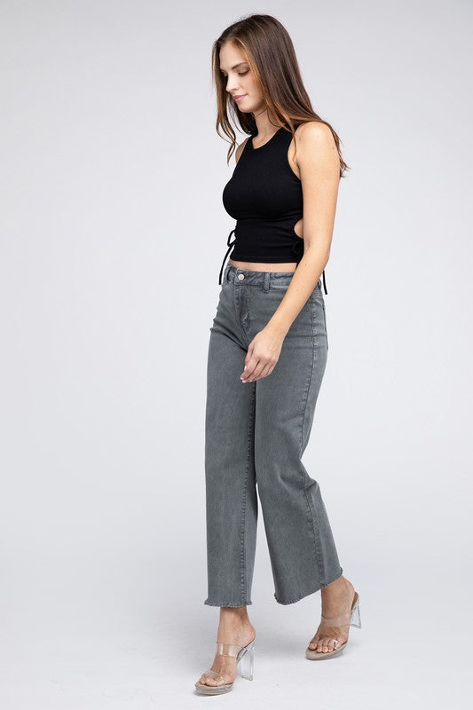 Zenana Acid Wash Colored Straight Wide Leg Jeans with Frayed Cutoff Hem