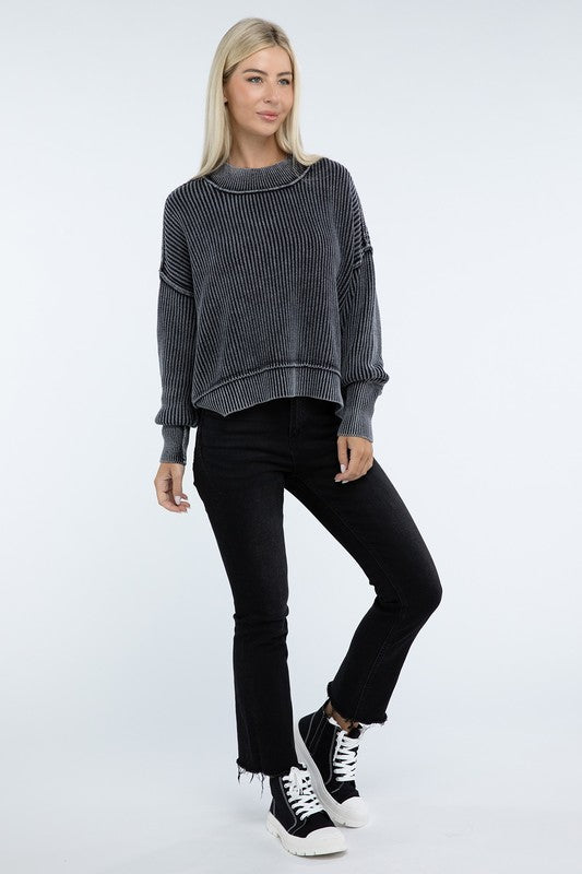 Zenana Washed Side Slit Oversized Cropped Sweater