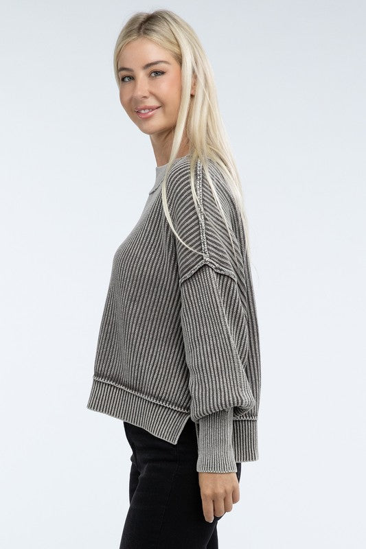 Zenana Washed Side Slit Oversized Cropped Sweater