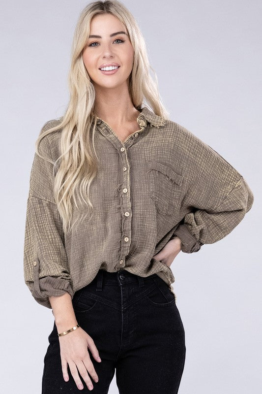 Zenana Washed Double Gauze Button Down Shirt