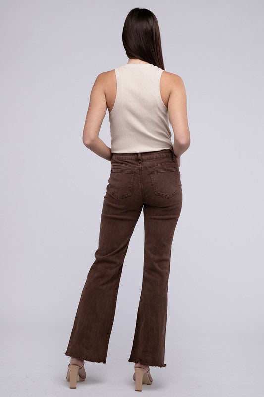 Zenana Acid Washed Frayed Cutoff Hem Straight Wide Pants