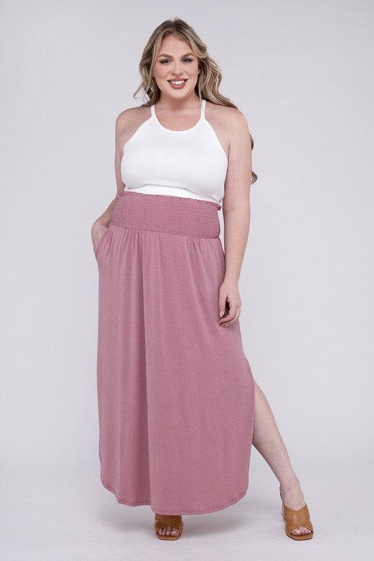 ZENANA Plus Smocked Waist Side Slit Maxi Skirt with Pockets