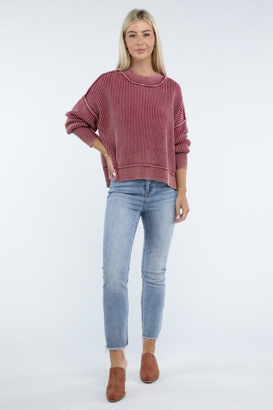 Zenana Washed Side Slit Oversized Cropped Sweater