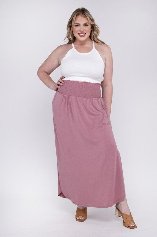 ZENANA Plus Smocked Waist Side Slit Maxi Skirt with Pockets