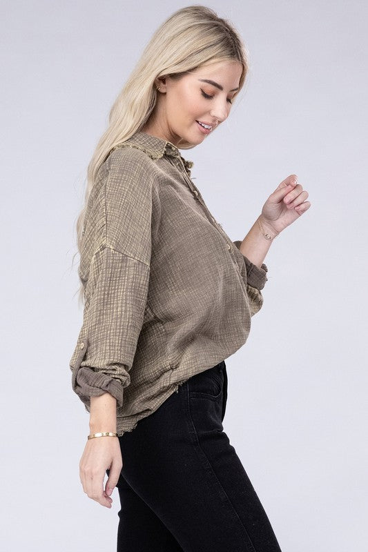 Zenana Washed Double Gauze Button Down Shirt