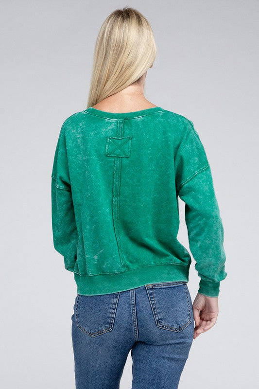 Zenana French Terry Acid Wash Boat Neck Pullover Sweatshirt