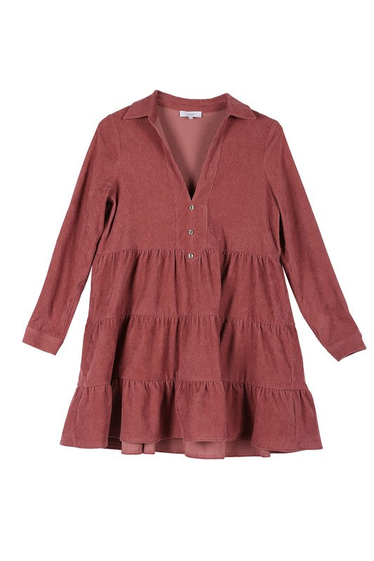 Lilou Long Sleeve Corduroy Tiered Collared Deep V-Neck Dress