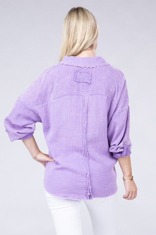 Zenana Washed Double Gauze Button Down Shirt