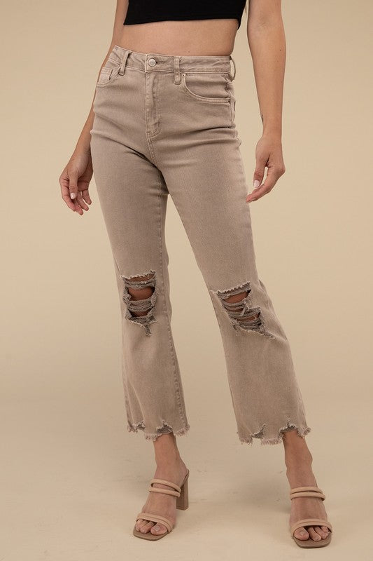 Zenana Acid Washed High Waist Distressed Straight Pants