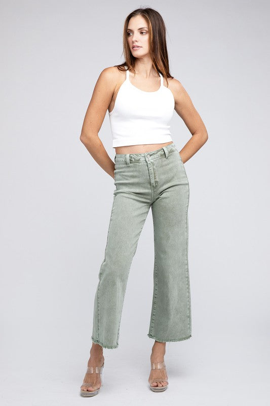 Zenana Acid Wash Colored Straight Wide Leg Jeans with Frayed Cutoff Hem