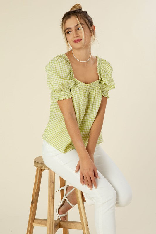 Gingham Check Smocked Blouse with Puff Sleeves, Green