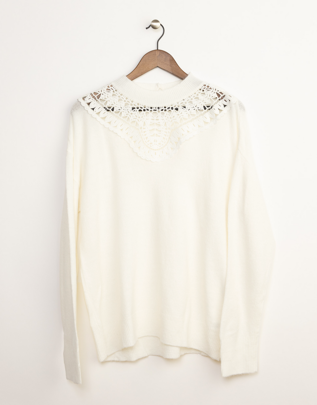 Bluivy Crochet Lace Trim Pullover Sweater, Cream