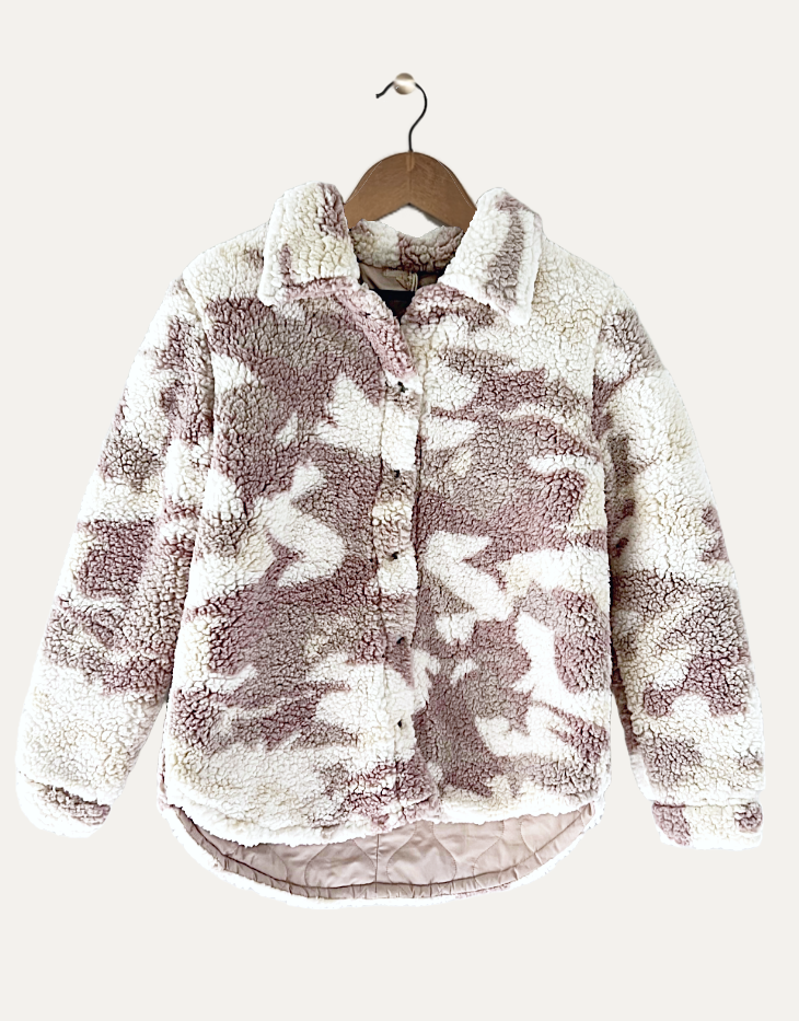 Oversized Camo Sherpa Jacket, Mauve/Cream