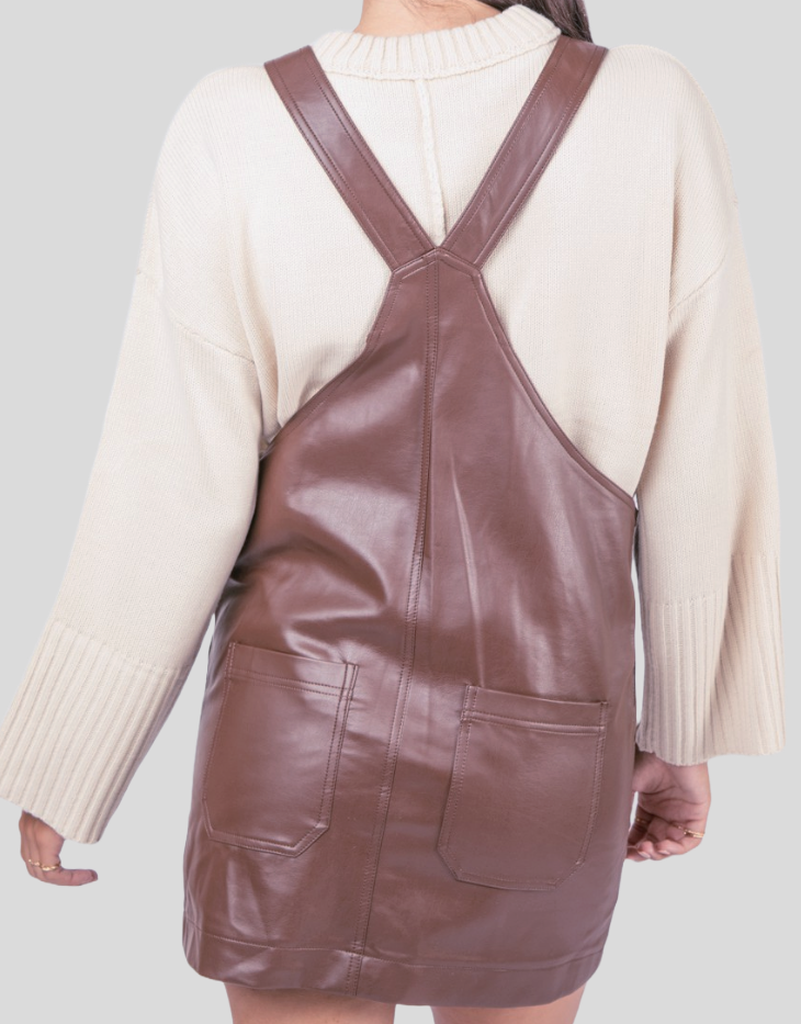 Very J Casual Faux Leather Overall Mini Dress, Chocolate Brown