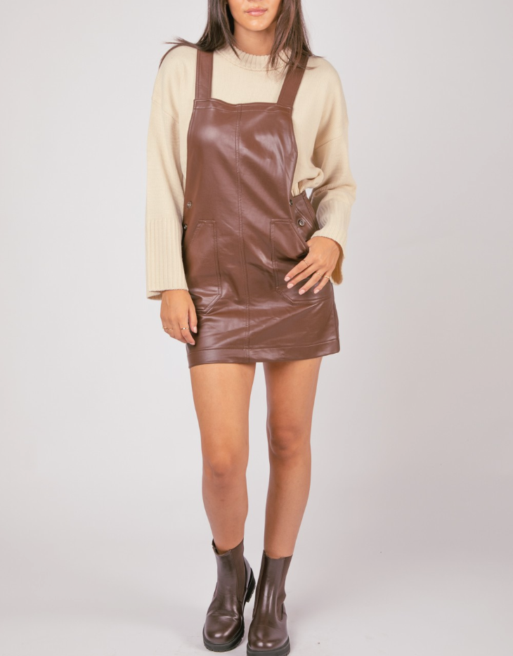 Very J Casual Faux Leather Overall Mini Dress, Chocolate Brown