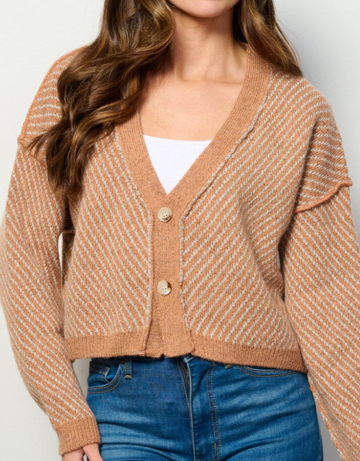 Long Sleeve Button Up Cropped Cardigan Sweater, Caramel