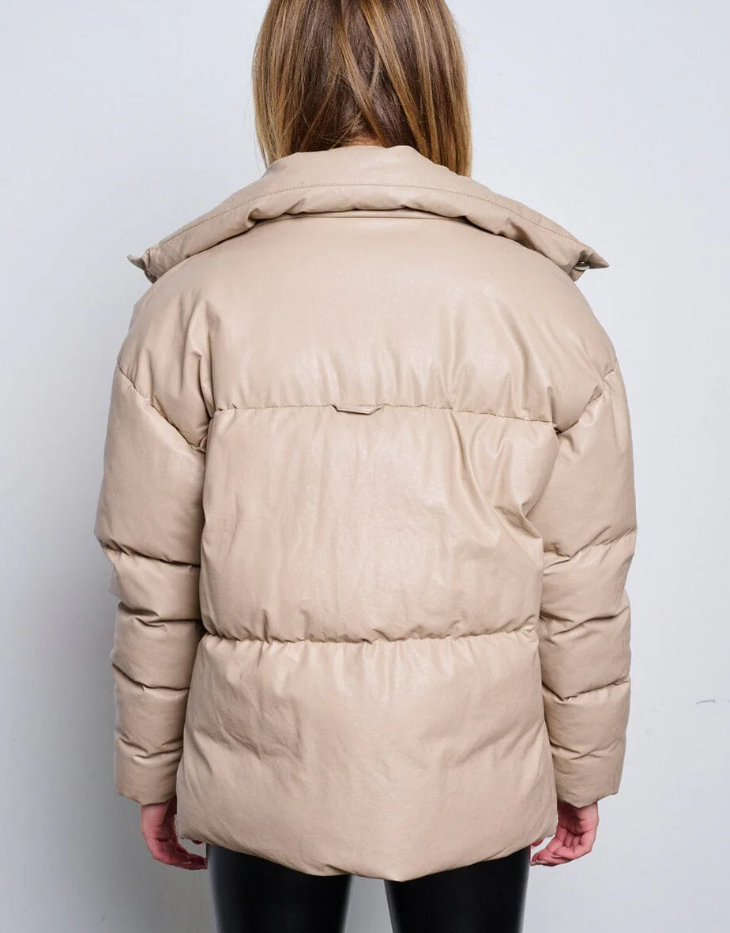 Faux Leather Puffer Jacket, Taupe