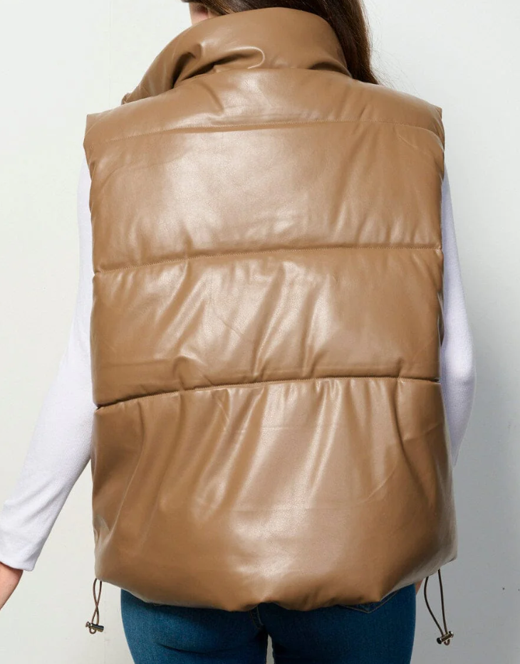 Zip Up Padded Puffer Vest with Pockets, Mocha