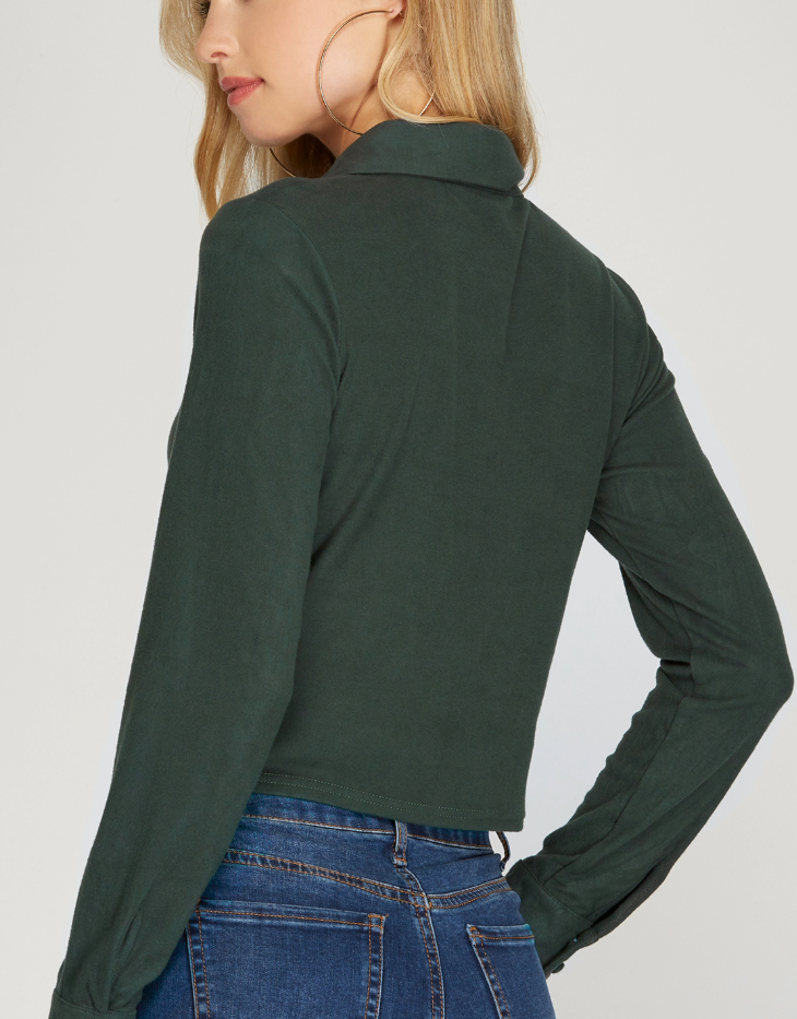 SHE + SKY Long Sleeve Brushed Stretch Knit Top with Front Shirring, Hunter Green