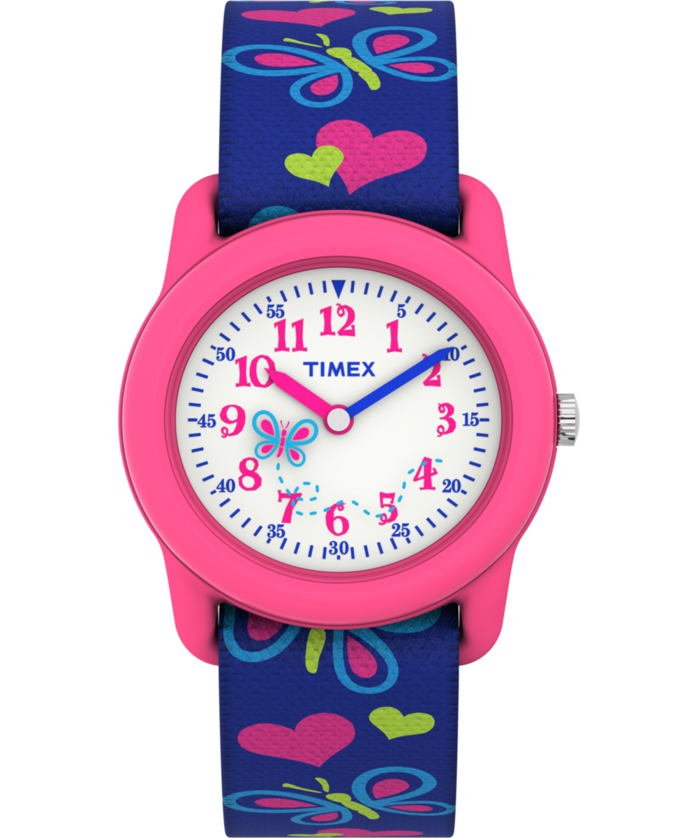 TIMEX TIME MACHINES® 29mm Butterflies and Hearts Blue Elastic Fabric Kids Watch