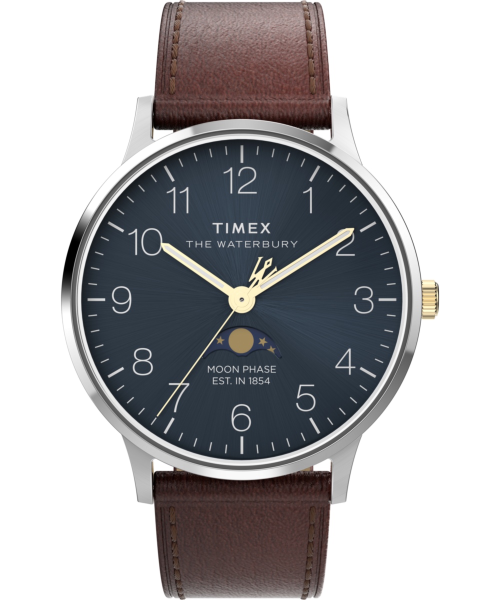 Waterbury Classic Moon Phase 40mm Leather Strap Watch