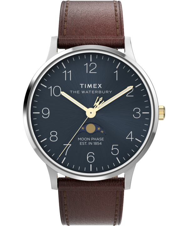 Waterbury Classic Moon Phase 40mm Leather Strap Watch