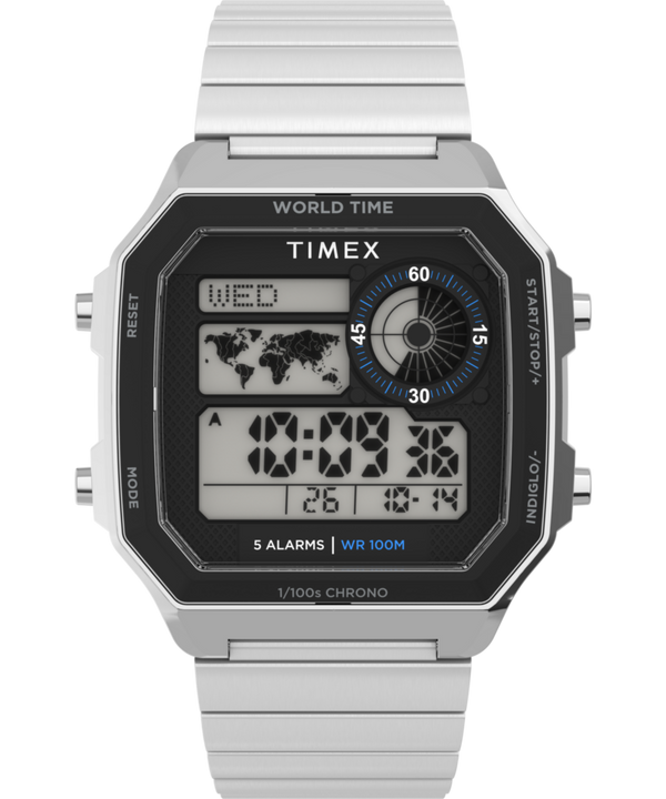World Time Digital 40mm Stainless Steel Bracelet Watch