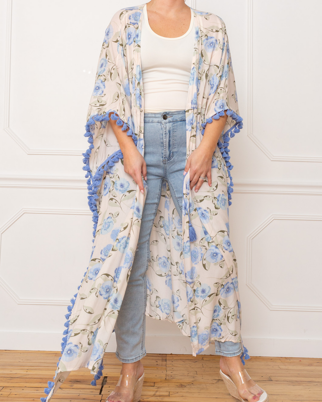 3/4 Sleeve Floral Chiffon Open Front Kimono Duster Cardigan with Tassle Trim, Blue/Cream