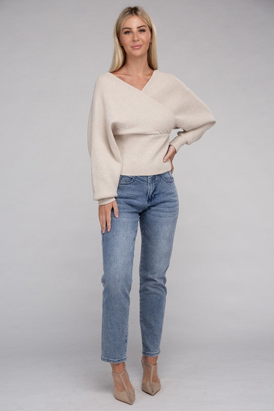 Zenana Viscose Cross Wrap Pullover Sweater