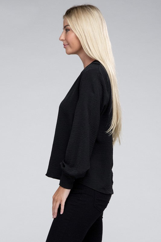 Zenana Woven Airflow V-Neck Long Sleeve Top