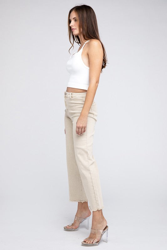 Zenana Acid Wash Colored Straight Wide Leg Jeans with Frayed Cutoff Hem