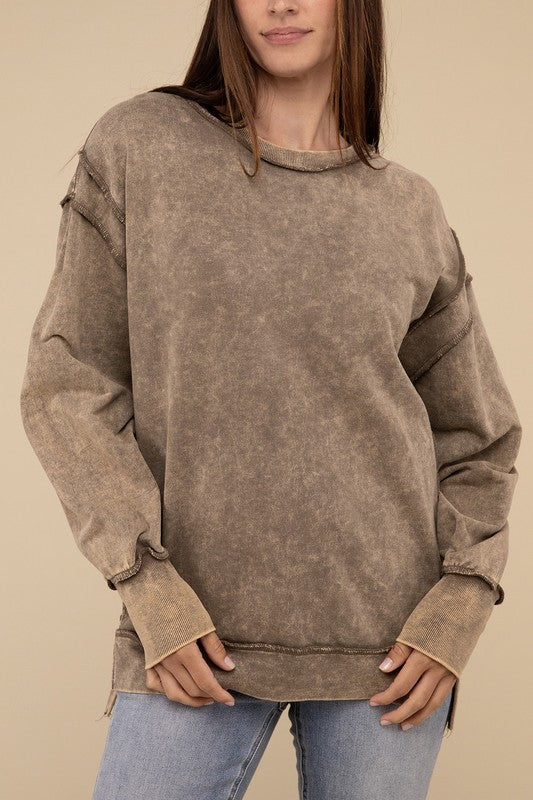 Zenana Acid Wash French Terry Exposed-Seam Sweatshirt