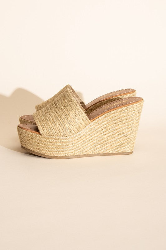 SODA Bounty Jute Raffia Open Toe Platform Slip-On Sandal Wedges, Natura;