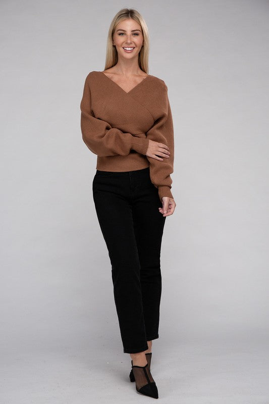 Zenana Viscose Cross Wrap Pullover Sweater