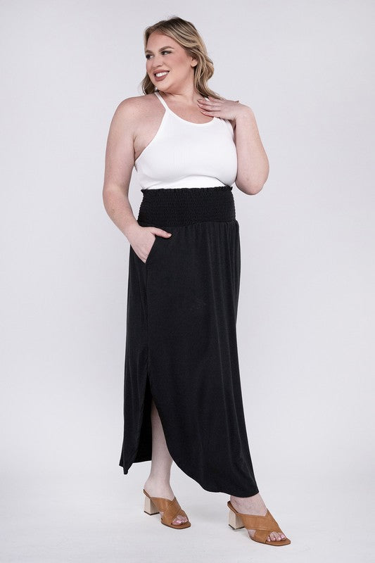 ZENANA Plus Smocked Waist Side Slit Maxi Skirt with Pockets