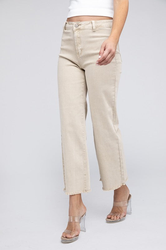 Zenana Acid Wash Colored Straight Wide Leg Jeans with Frayed Cutoff Hem