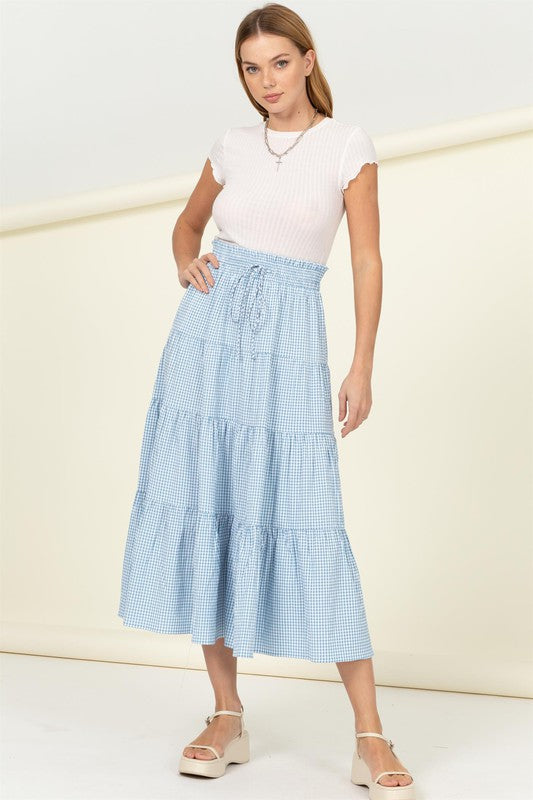 Hyfve Skirt Alert High-Waist Gingham Print Midi Skirt, Blue