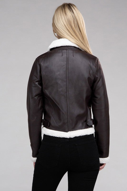 Plush Teddy Trimmed Faux Leather Jacket, Blackish-Brown