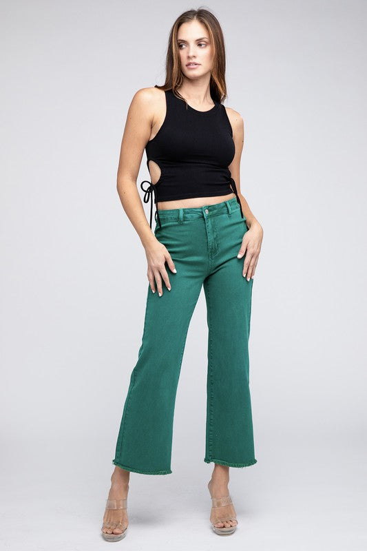 Zenana Acid Wash Colored Straight Wide Leg Jeans with Frayed Cutoff Hem