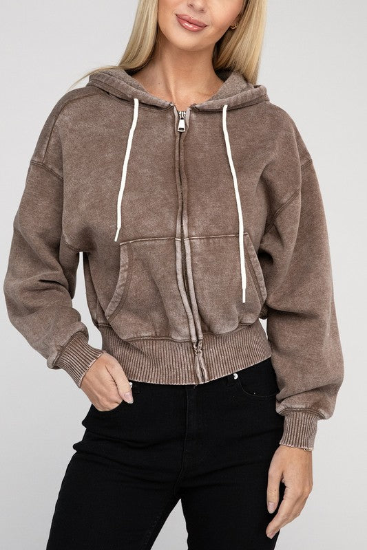 Zenana Acid Wash Fleece Cropped Zip-Up Hoodie